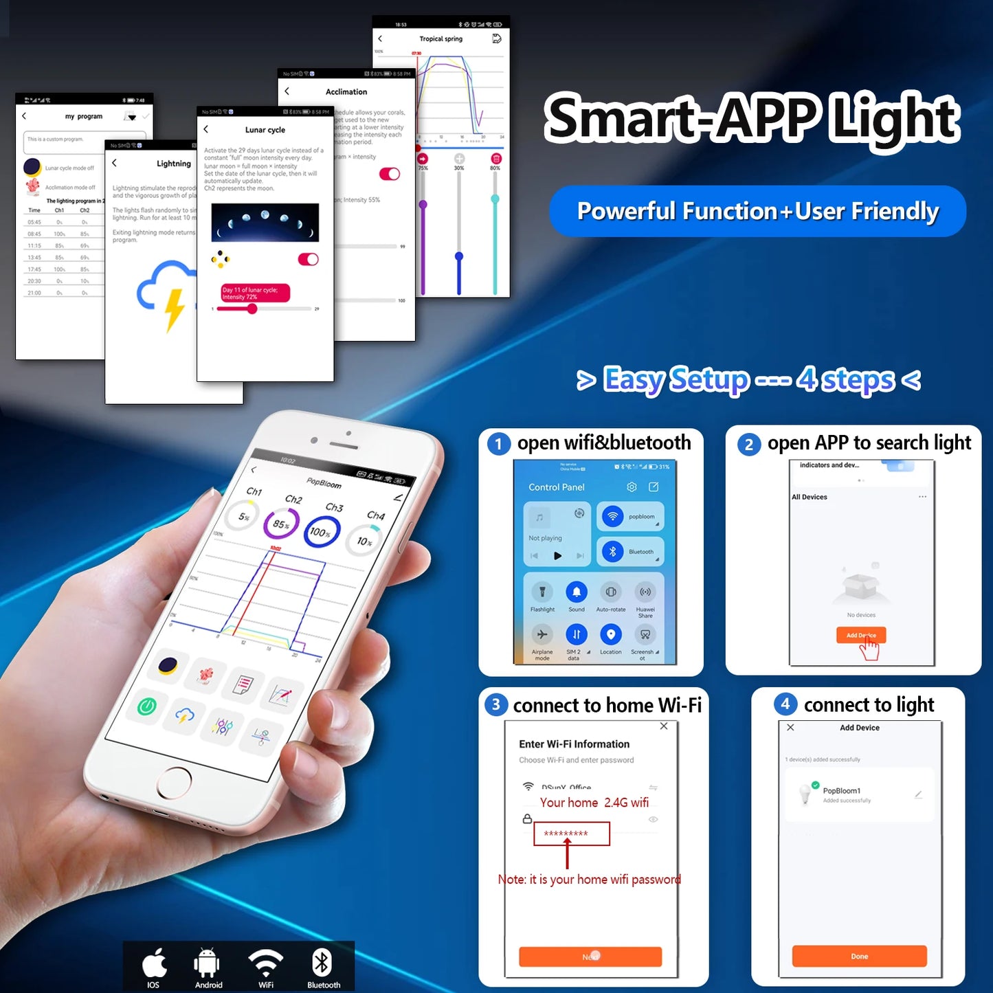 WiFi Aquarium LED Light, Marine Aquarium Light, Full Spectrum for Saltwater Reef Coral SPS/LPS Fish Aquarium Tank