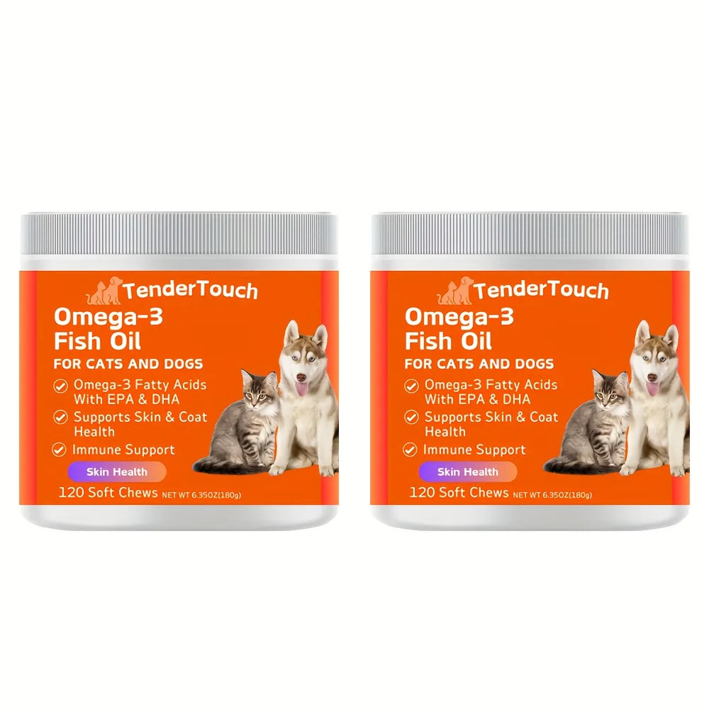 240 Chews - 2 Pack (2 x 180g/6.35oz) 360g/12.7oz - TenderTouch Omega 3 Fish Oil Supplement for Dogs & Cats, Omega 3 Fish Oil
