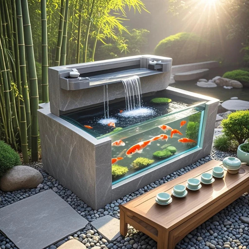 Yard fish pond rock slab floor-to-ceiling koi fish tank outdoor integrated square balcony to create landscape water feature