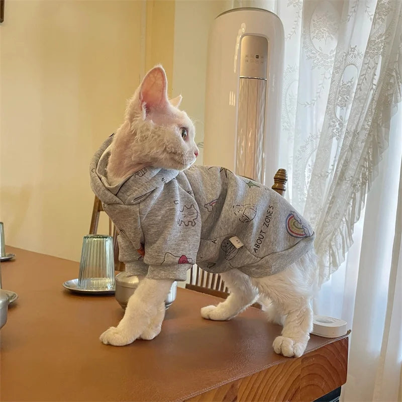 Thick Grey Fleece Hooded Sweatshirt for Sphinx Cat in Winter Long Sleeves Warm Cartoon Kittens Jacket Coat for Devon Rex