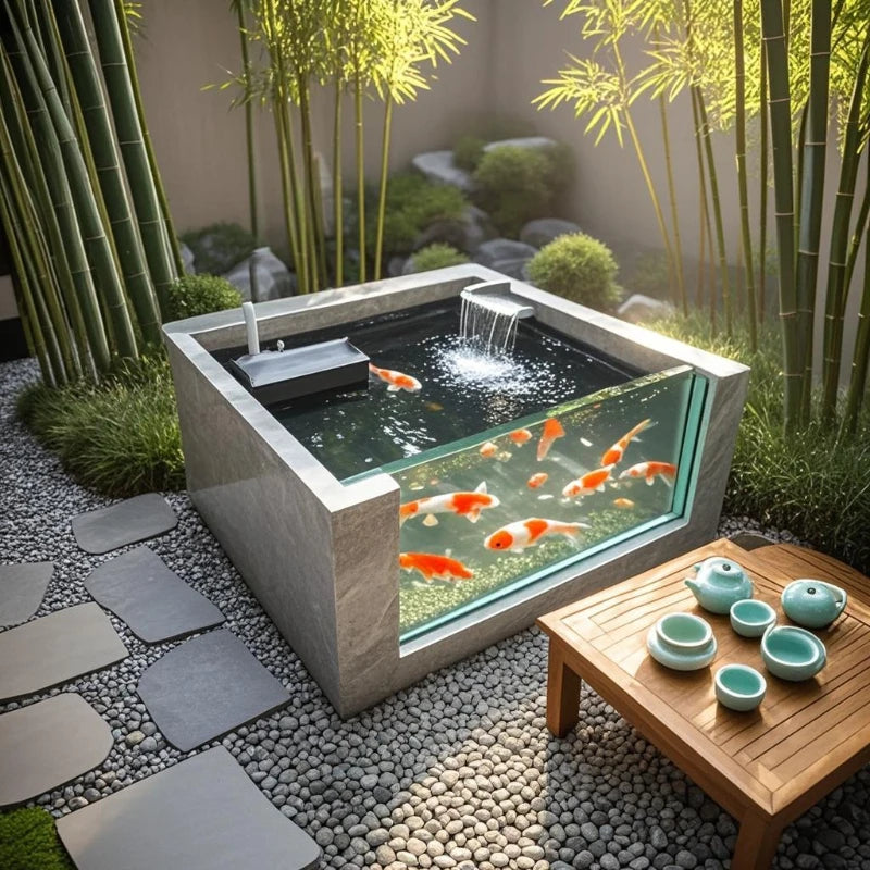 Yard fish pond rock slab floor-to-ceiling koi fish tank outdoor integrated square balcony to create landscape water feature