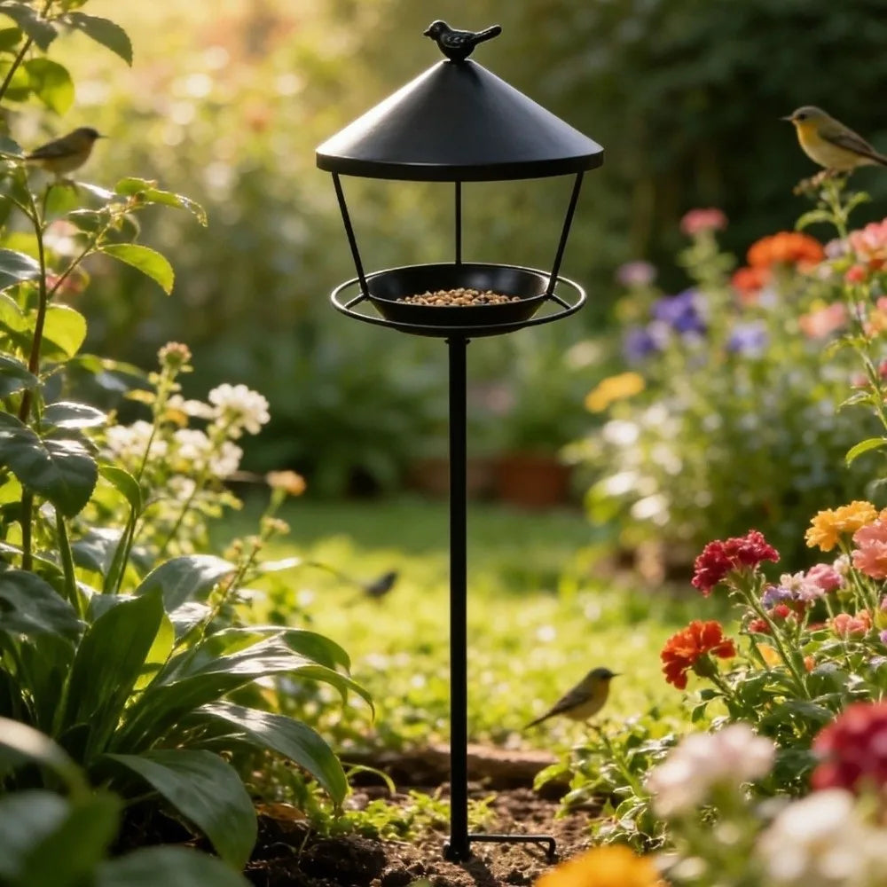 Weatherproof Standing Bird Feeder Spill Guard Large Capacity Wild Bird Feeding Station Anti-Waste Iron Birdbath Stand Courtyard