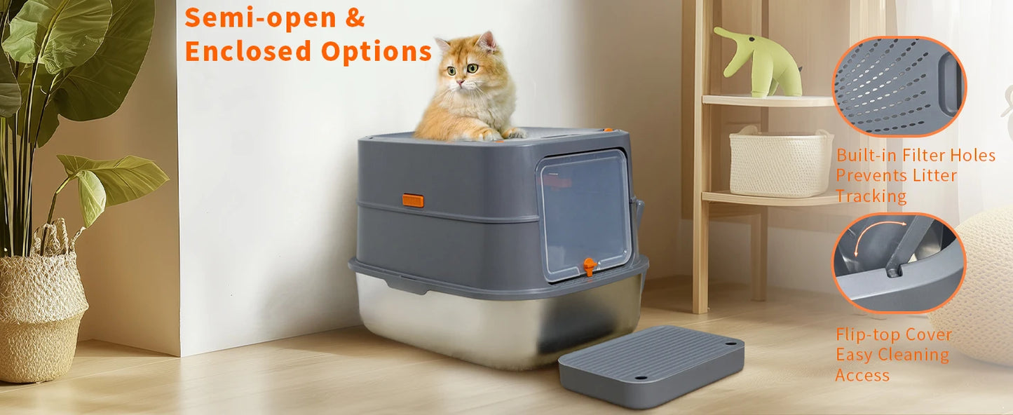 4-Style Cat Litter Box with Lid Large Kitty Litter Box Enclosed with High Sided Enclosure Scoop Non-Sticky