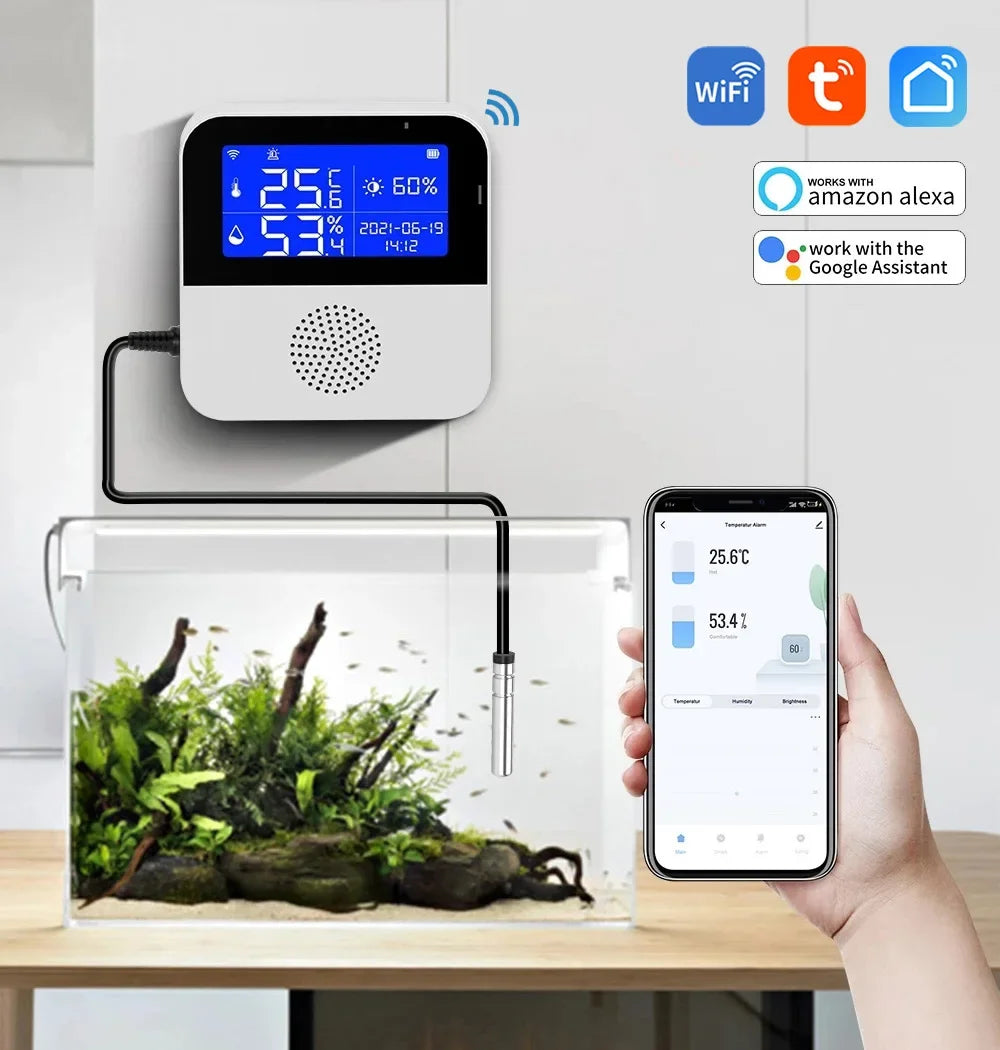 WiFi Tuya Smart Life LED Display Temperature Humidity Sensor Living Room Office Indoor Aquarium Water Temperature Detector Line