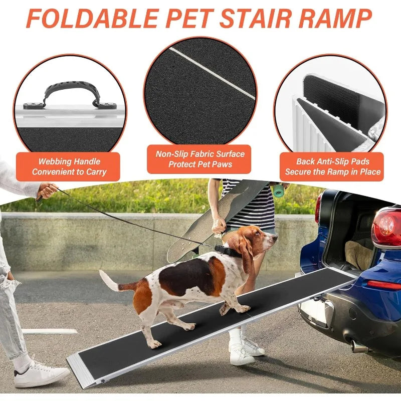 8 FT Portable Bi-Fold Folding Pet Ramp and Cat Safety Ladder Replacement for Large Dogs Cars, Trucks, SUVs, Doorstep or Bed