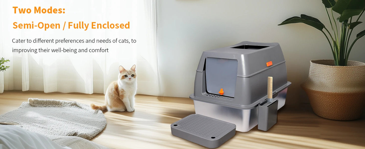 4-Style Cat Litter Box with Lid Large Kitty Litter Box Enclosed with High Sided Enclosure Scoop Non-Sticky