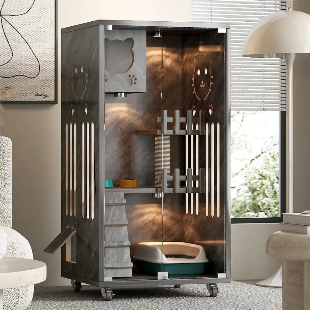 Wooden House Large Space with Scratching Post, Indoor/Outdoor Cat Enclosure with Wheels, Multi-Feature Enclosed Cat Houses