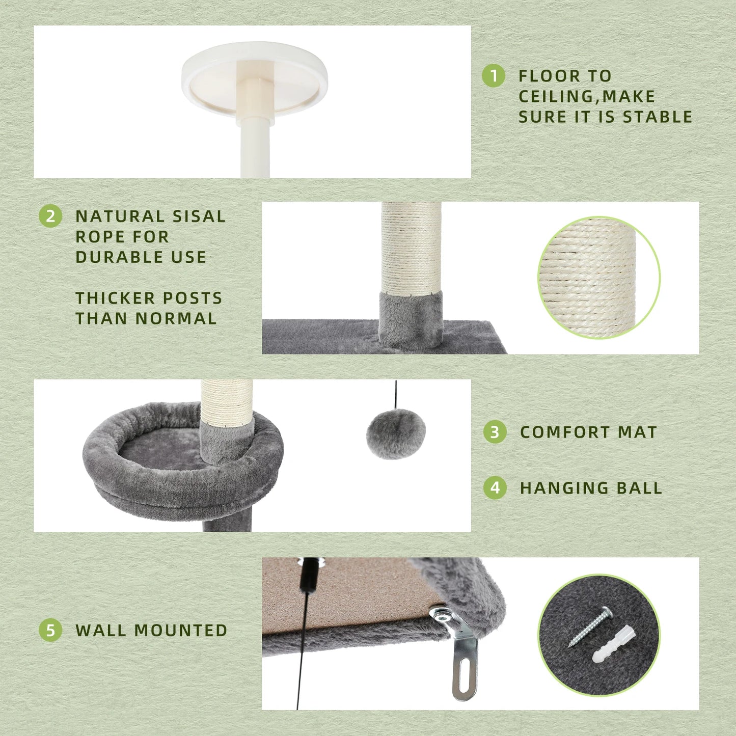 Adjustable Floor-to-Ceiling Vertical Cat Tree Tower Stable Tall Cat Climbing Tree Cat Kittens Cat Toy Suitable for Indoor Cats
