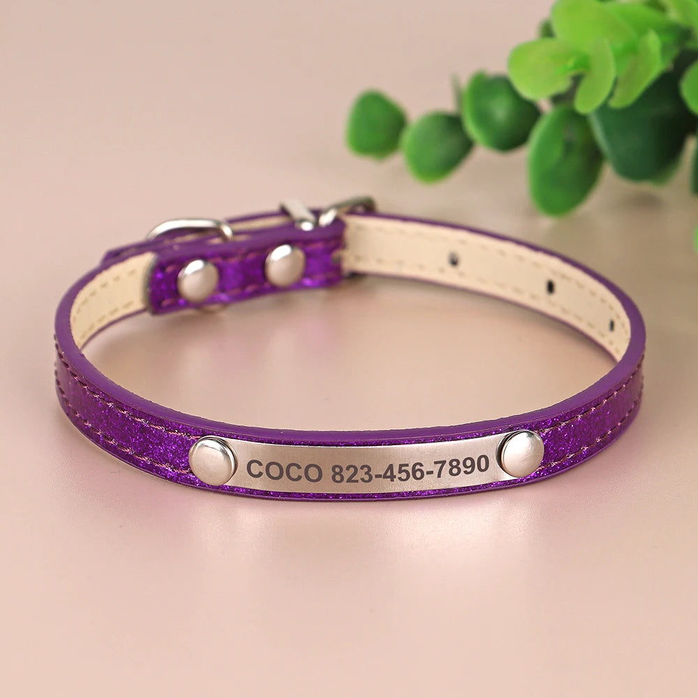 Custom Cat Collar Bling Leather Cat Collars Personalized Kitten Cat Small Dogs Puppy Collar With Engraved ID Nameplate
