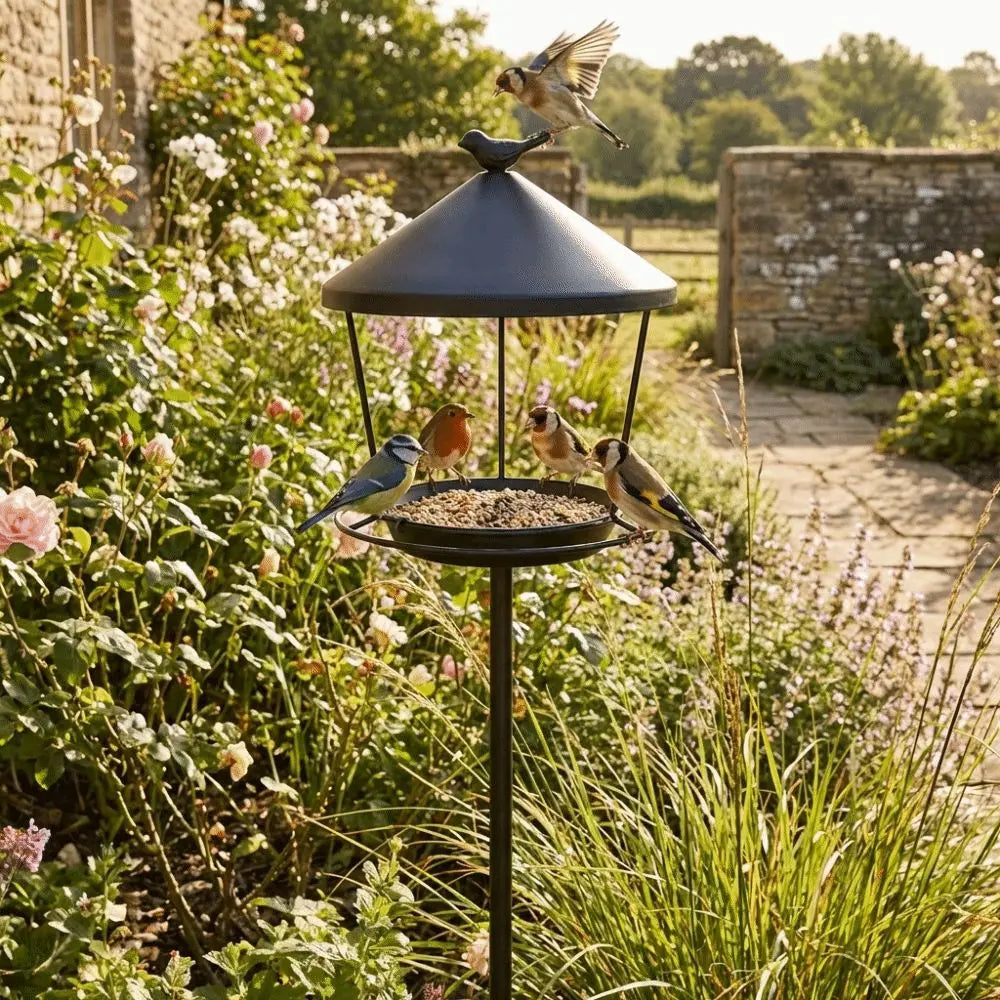 Weatherproof Standing Bird Feeder Spill Guard Large Capacity Wild Bird Feeding Station Anti-Waste Iron Birdbath Stand Courtyard