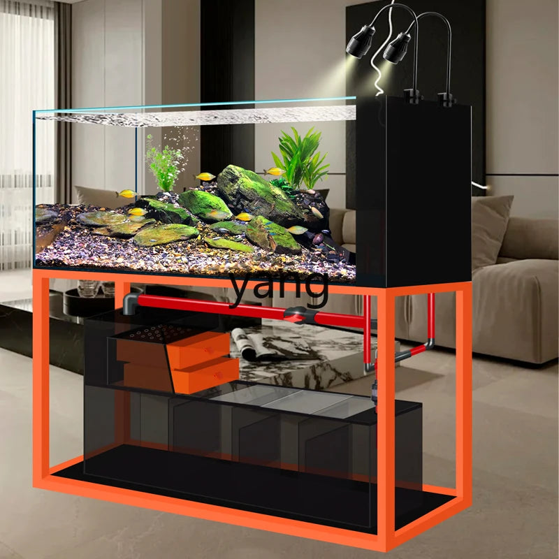 yjq native stream tank ultra-white glass side overflow ecological bottom filter fish tank living room aquarium