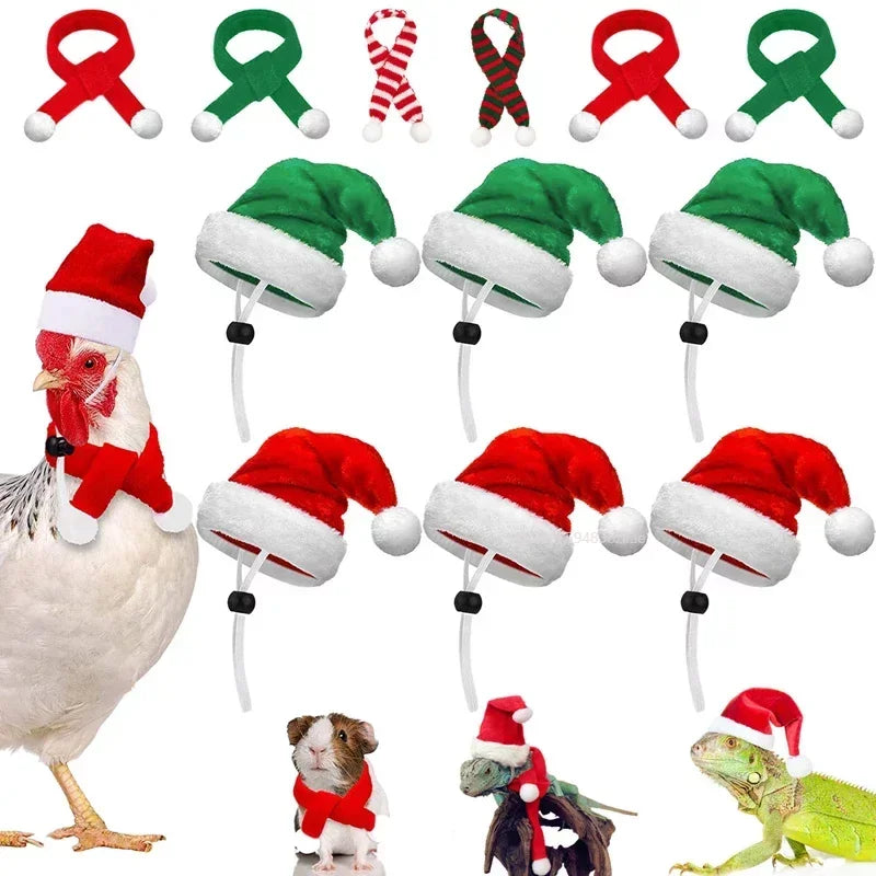 Christmas Pet Chicken Hat Scarf Set Mini Red Green Santa Hat Scarf Christmas Small Animal Hat for Hen Duck Hamster Guinea Pig Parrot