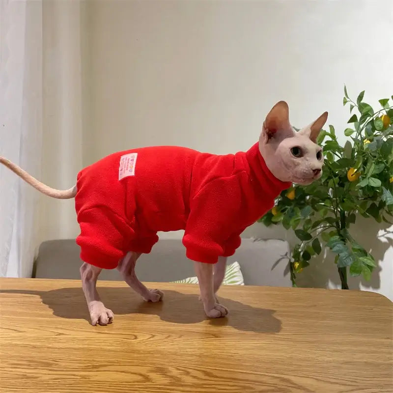 Sphynx cat wearing a cozy red fleece coat, perfect for autumn and winter, featuring a high-quality elastic design.