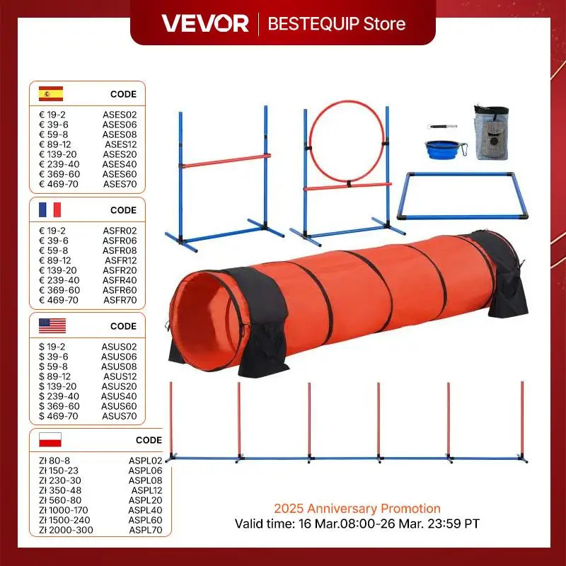 VEVOR Dog Agility Training Equipment 5 PCS Set Upgrade with Adjustable Hurdles Extended Tunnel Puppy Obstacle Course Kit with Bag