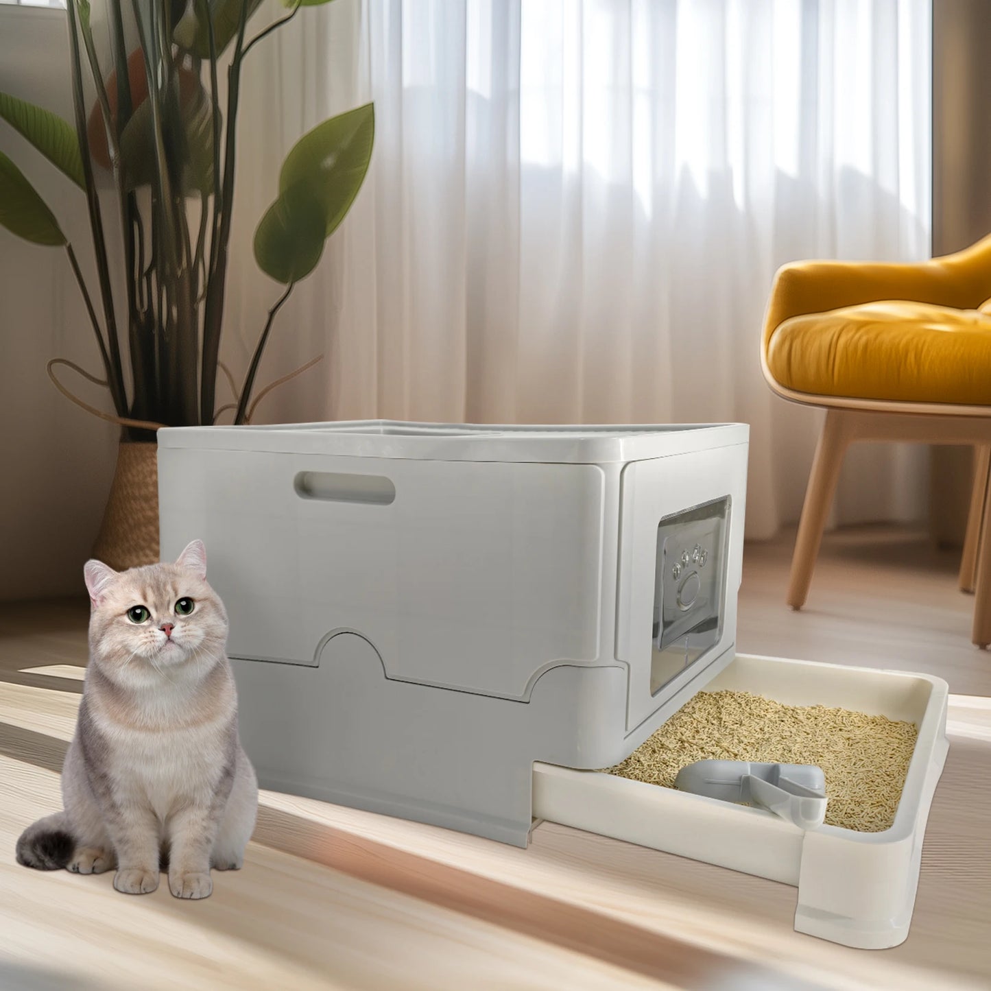 4-Style Cat Litter Box with Lid Large Kitty Litter Box Enclosed with High Sided Enclosure Scoop Non-Sticky