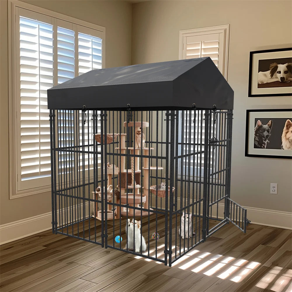 Heavy Duty Large Dog Kennel Pet Welded Metal Playpen Animal Cage with Roof Cover Pet Run Enclosure Playpen House Outdoor Indoor