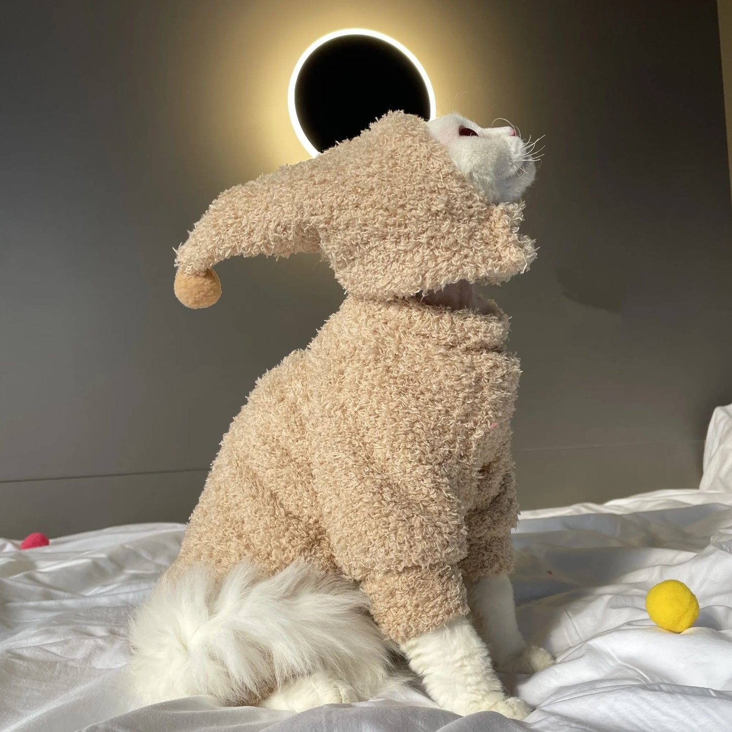 Winter Warm Plush 4-legged Sweatshirt Hat Suit for Devon Rex in Winter Soft Yellow Red Sweater for Sphynx Cat Kittens Khaki Coat