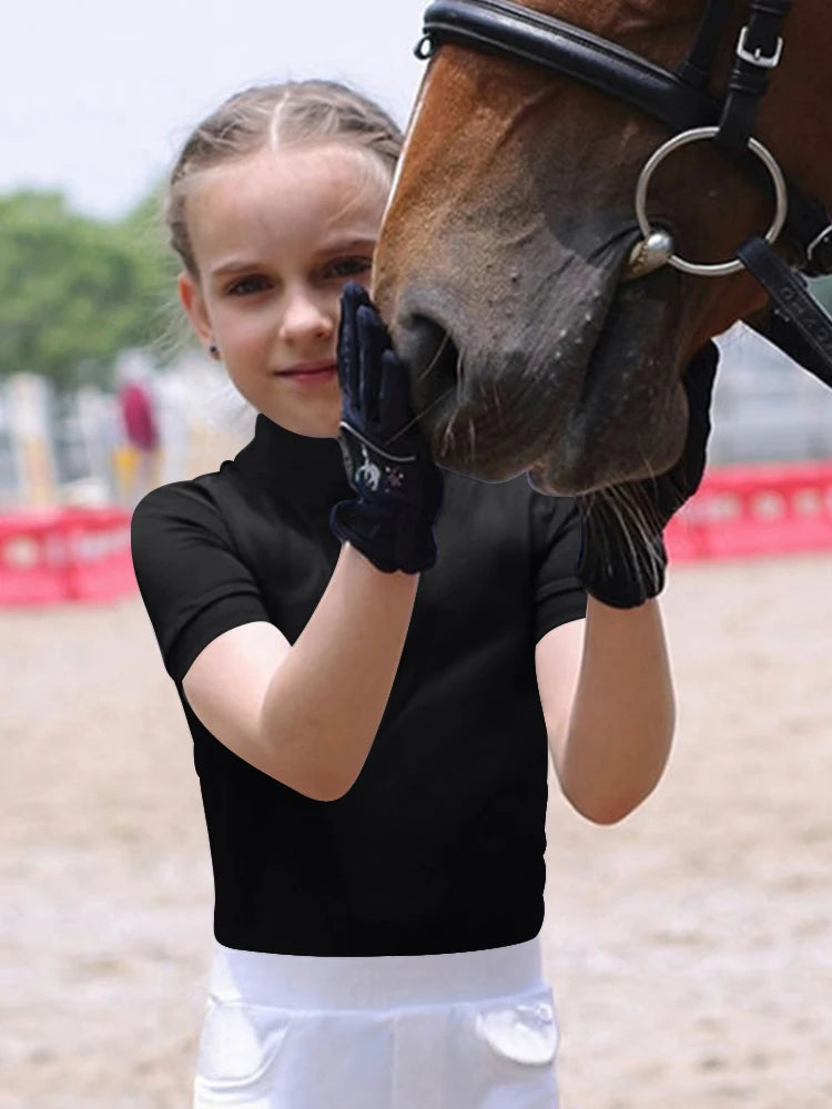 MXLLINA Girls Equestrian Short Sleeves Tops Woman's Summer Zipper Horse Riding T-Shirts Sports Base Layer Competition Show Top