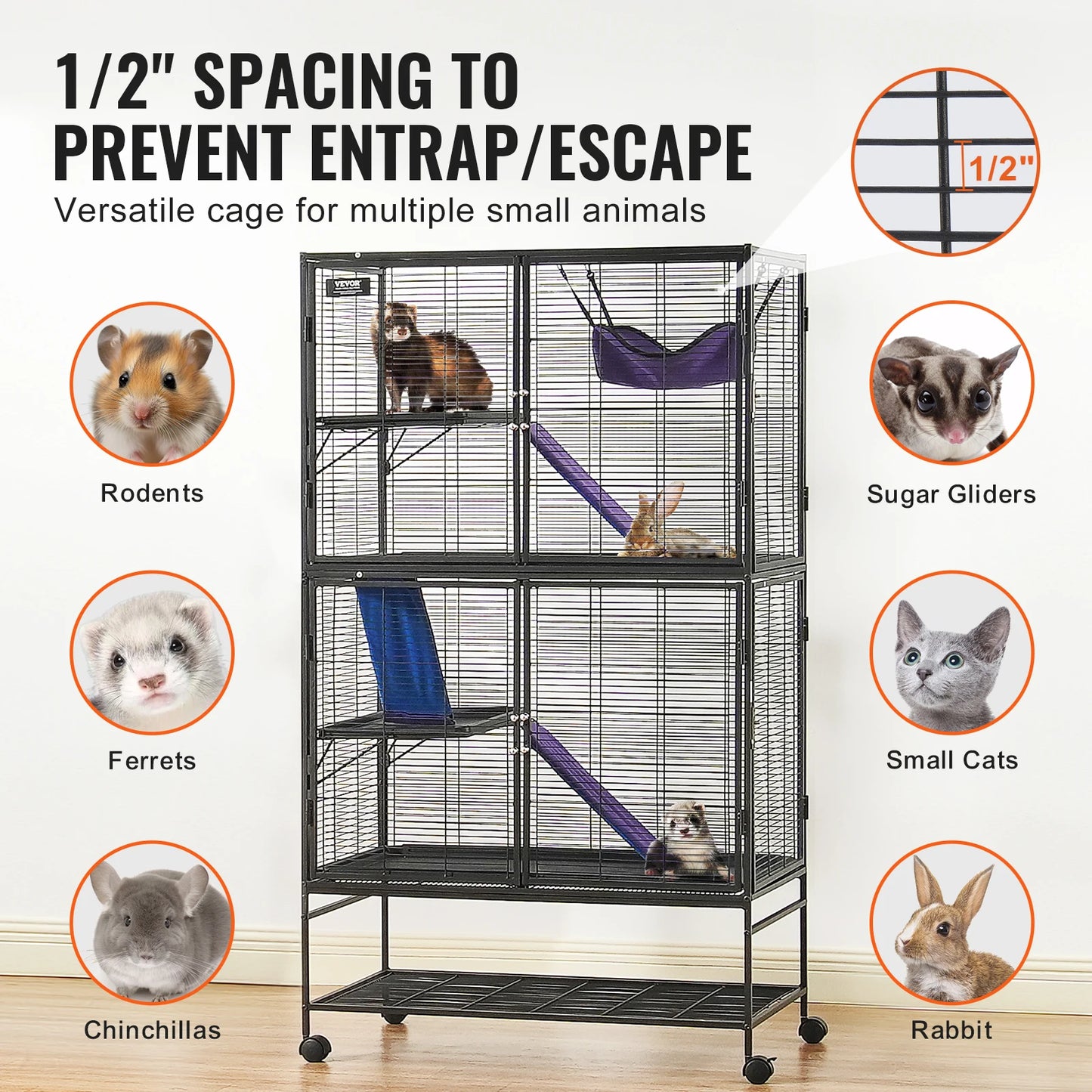 VEVOR 64.6" Rolling Metal Ferret Cage Large 4-Tier Critter Nation Cage Small Animal Cage for Pet Rats Hamster Guinea Pig Chinchilla