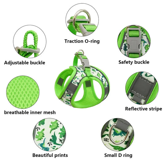 DH009 Cartoon-Dog harness and leash set features a breathable honeycomb mesh design to prevent overheating and sweating.