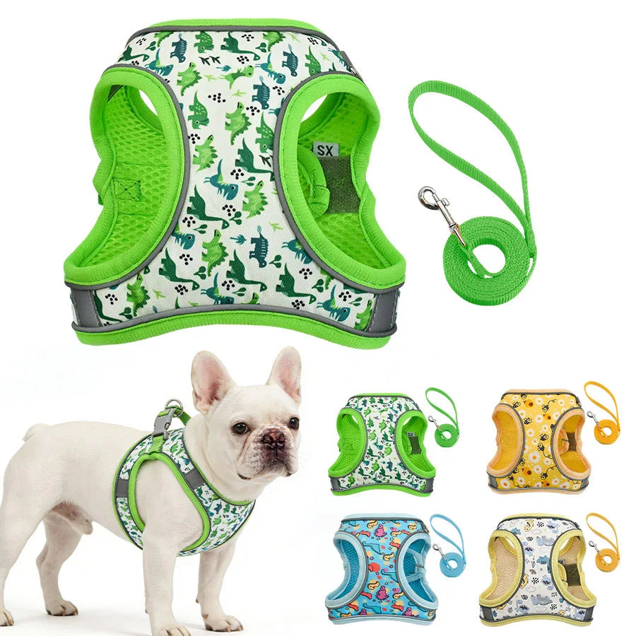 DH009 Cartoon-Dog harness and leash set features a breathable honeycomb mesh design to prevent overheating and sweating.