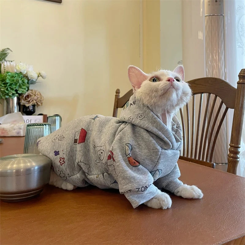 Thick Grey Fleece Hooded Sweatshirt for Sphinx Cat in Winter Long Sleeves Warm Cartoon Kittens Jacket Coat for Devon Rex
