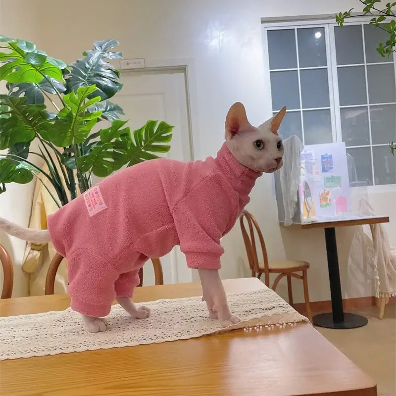 Sphynx cat wearing a cozy pink fleece coat jumpsuit, perfect for autumn and winter, showcasing comfort and style.