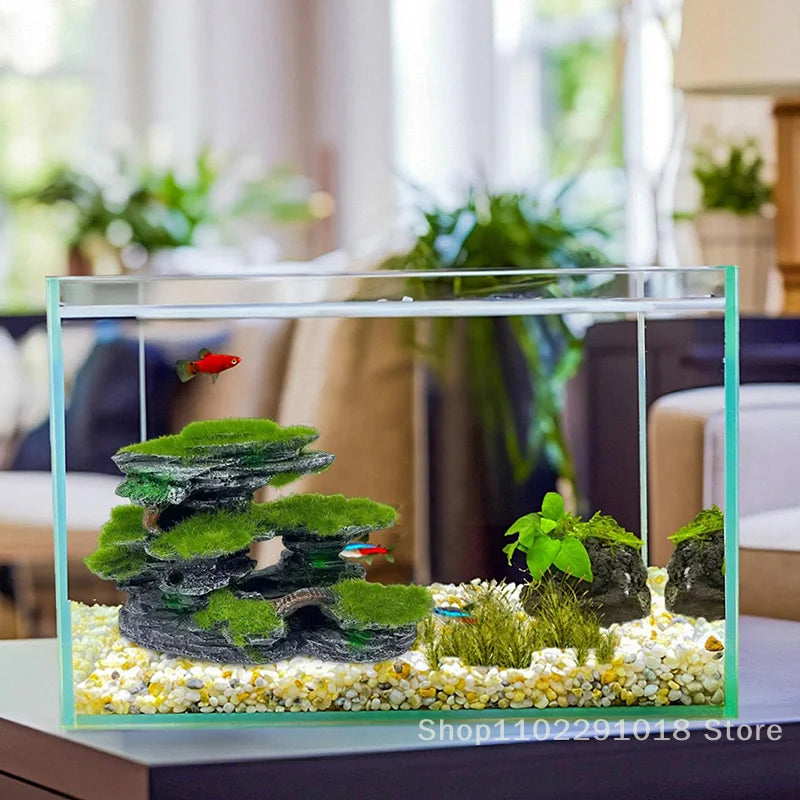 Aquarium Mountain View Stone, Aquarium View Stone, Mossed Aquarium Hideout, Submersible Resin Aquarium Decorations Large
