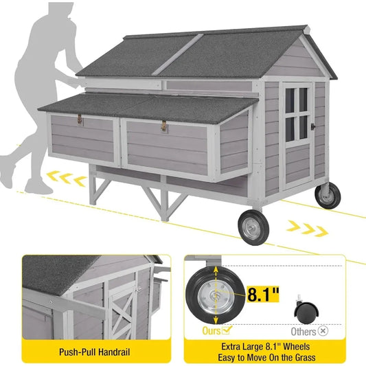 Portable Wooden Chicken Coop with Nesting Box with Sturdy Iron Frame, Durable and Waterproof, Large Upgraded Poultry Cage.