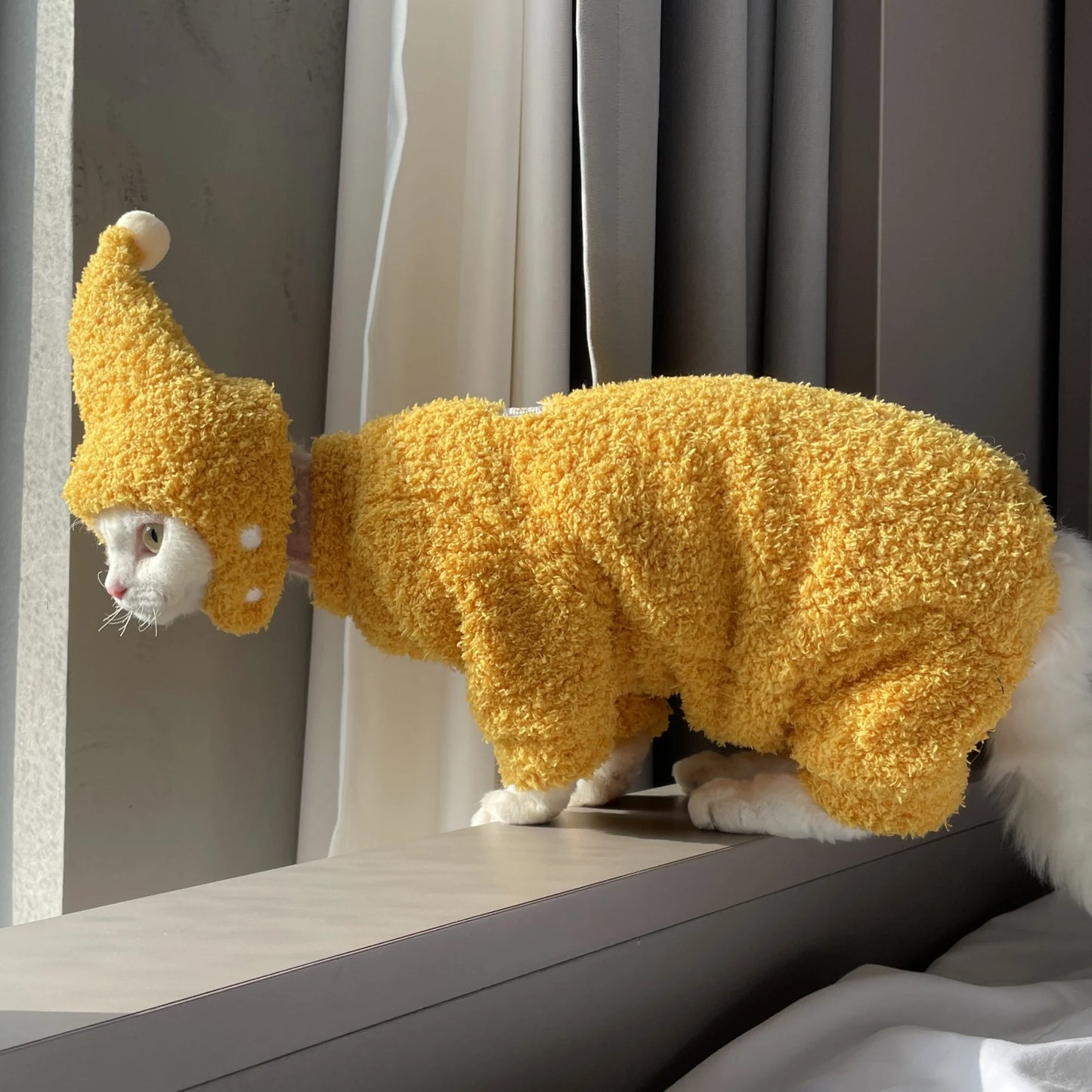 Winter Warm Plush 4-legged Sweatshirt Hat Suit for Devon Rex in Winter Soft Yellow Red Sweater for Sphynx Cat Kittens Khaki Coat