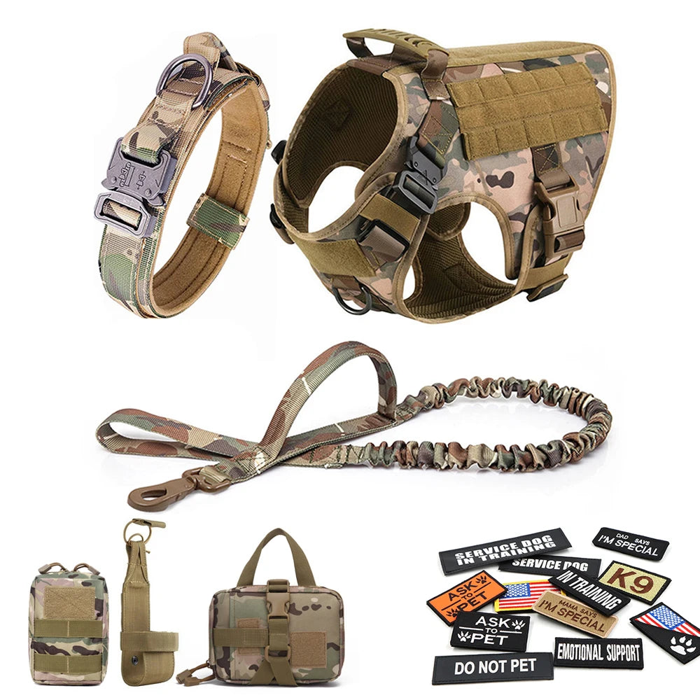 Military Large Dog Harness Collar Leash Bags Patches Set Malinois Training Vests Tactical Dogs Harnesses Accessories