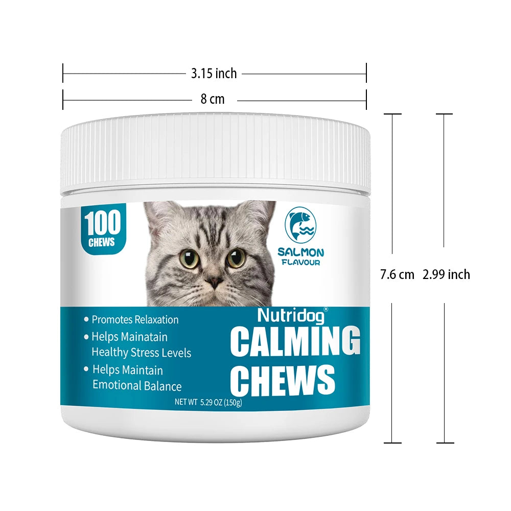 NUTRIDOG Cat Calming Chews Promotes Cats Relaxation Moods Calmer Relieve Stress Effects Maintain Emotional Balance 100 PCS/Bottle