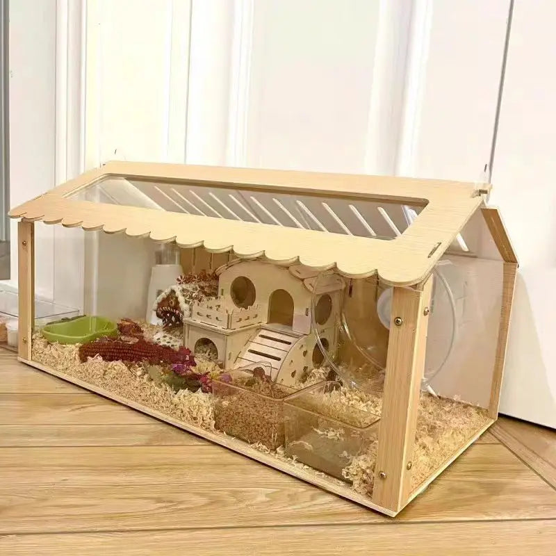 Wooden and Acrylic Hamster Cage Transparent Ornamental Pet Breeding Crate DIY Aquascape Pet Crate