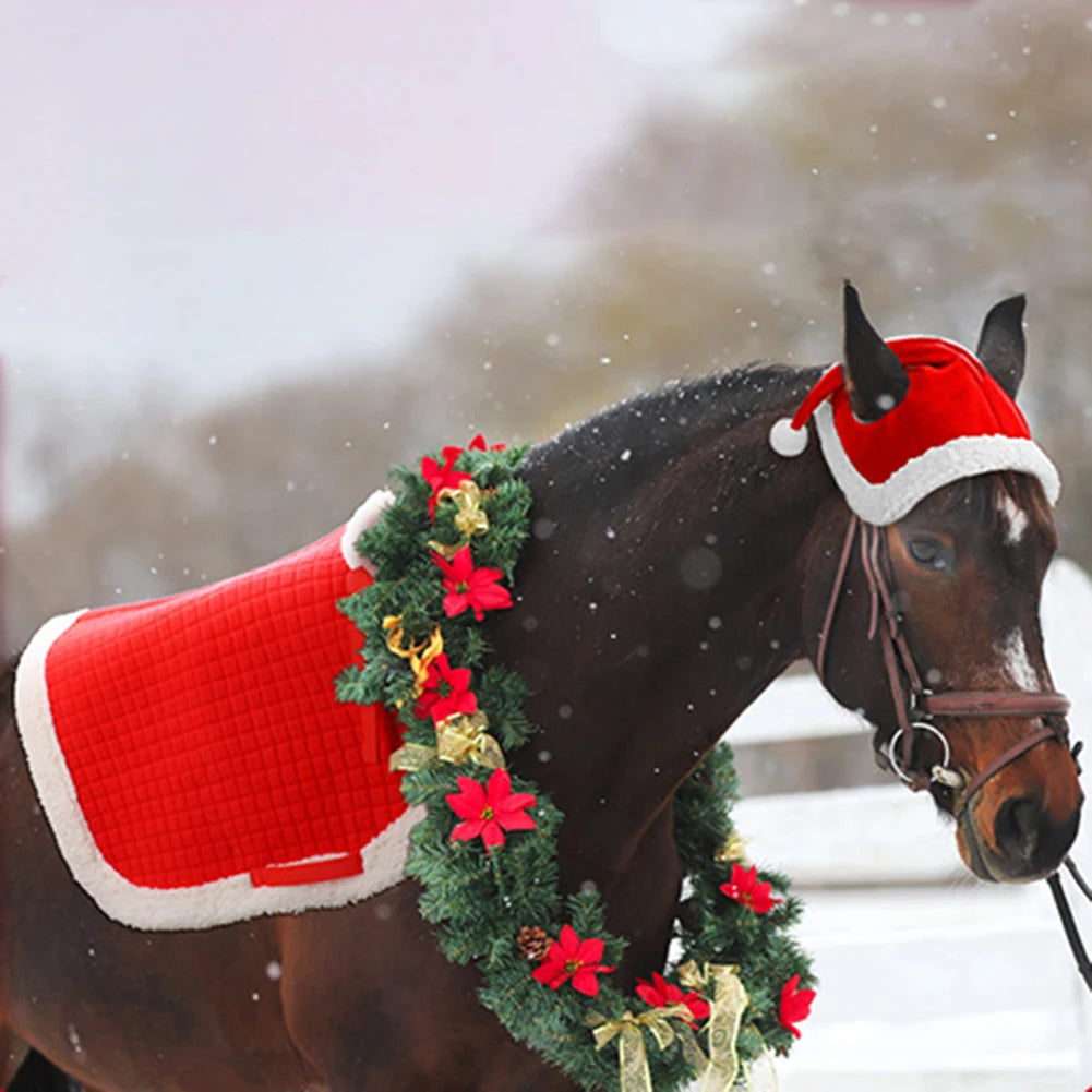 6Pcs Christmas Set Santa Leg Wraps Horse Hat Saddle Pad Multi-Purpose Santa Red Horse Hat & Leg Wraps & Horse Saddle for Horses