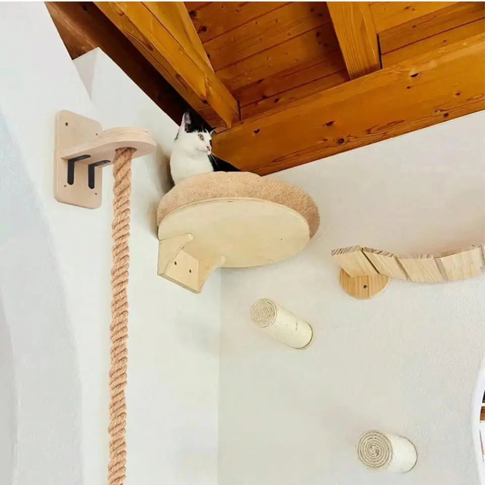 Wall-Mounted Cat Hammock Cradle Cat Climbing Frame Floating Shelf Solid Wood Cats Scratch Posts for Sleeping and Playing Toy