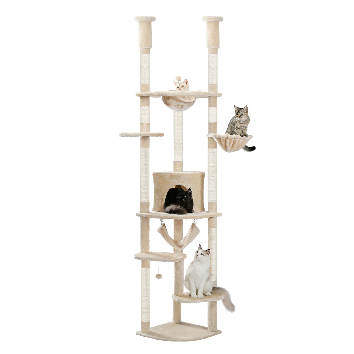 Floor to Ceiling Cat Tree Adjustable Cat Tower Tall Kitty Climbing Play House Tall Kitty Climbing Play House with Scratching Posts Cozy Condo Perches Hammock