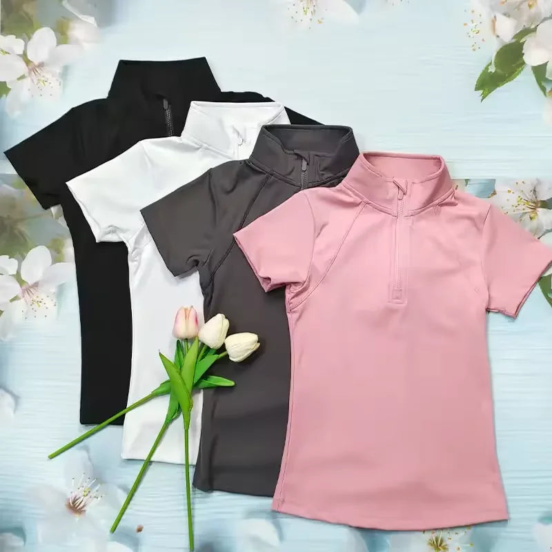 MXLLINA Girls Equestrian Short Sleeves Tops Woman's Summer Zipper Horse Riding T-Shirts Sports Base Layer Competition Show Top