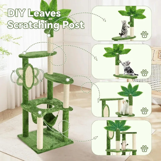 61" Large Cat Tree Tower for Indoor Cats with DIY Green Leaves Scratching Post Multi Soft Hang Ball Plush Cat House Furniture