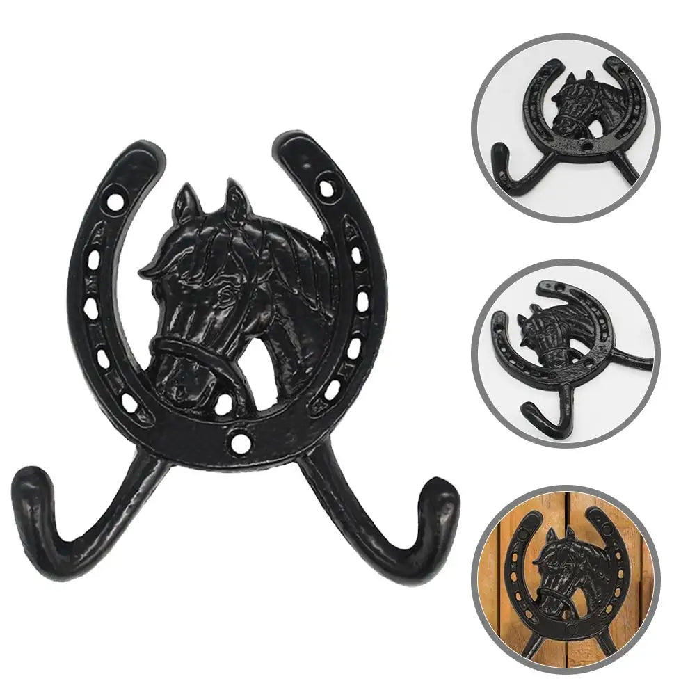 Black Cast Iron Horseshoe Double Hook Wall Mounted Bathroom Coat Hat Key Hanger Wall Storage Hooks For Household Use Multi
