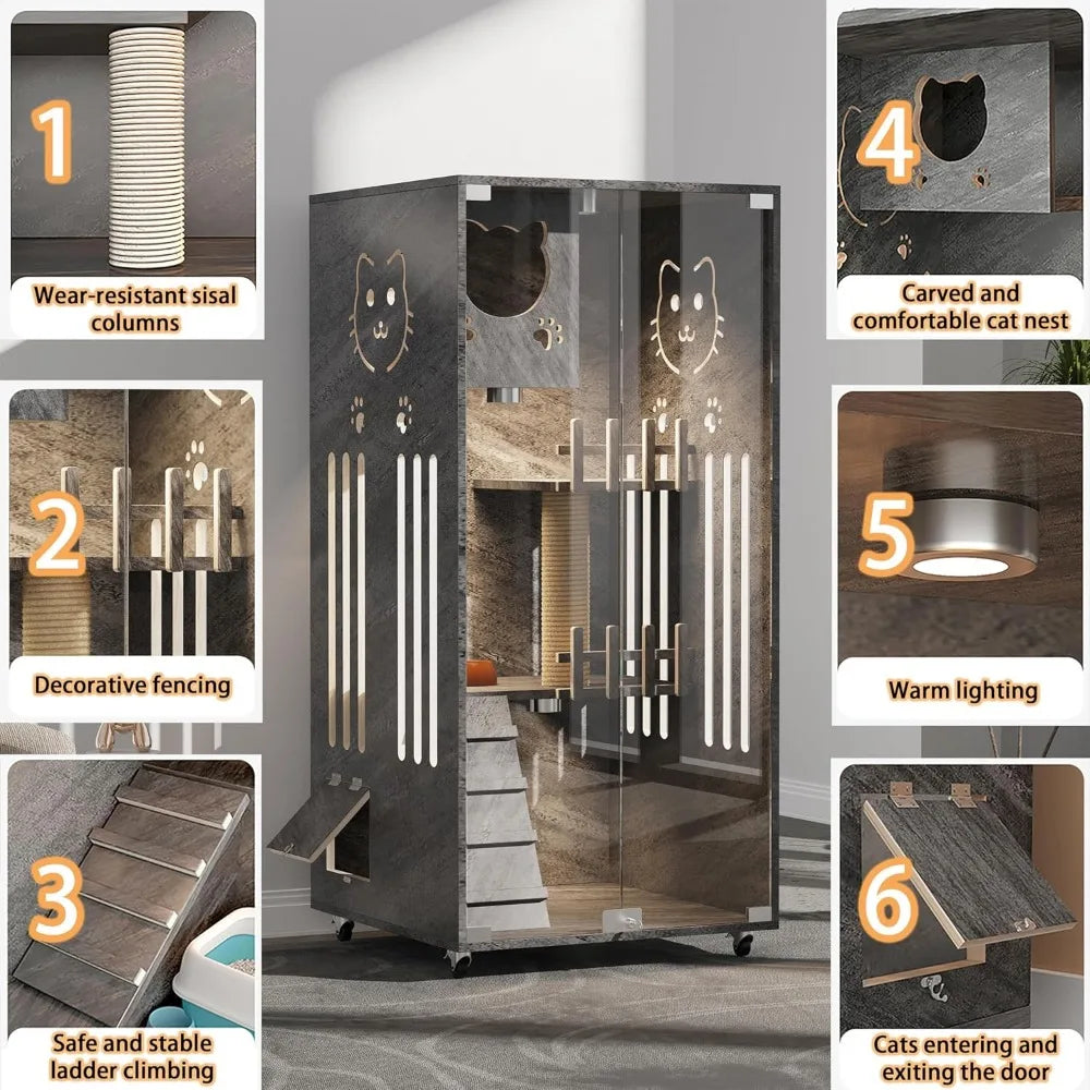 Wooden House Large Space with Scratching Post, Indoor/Outdoor Cat Enclosure with Wheels, Multi-Feature Enclosed Cat Houses