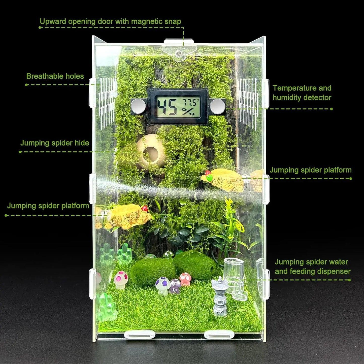 Jumping Spider Enclosure DIY Jumping Spider Insects Habitat with Temperature and Humidity Detector Water Feeder Platform Hide