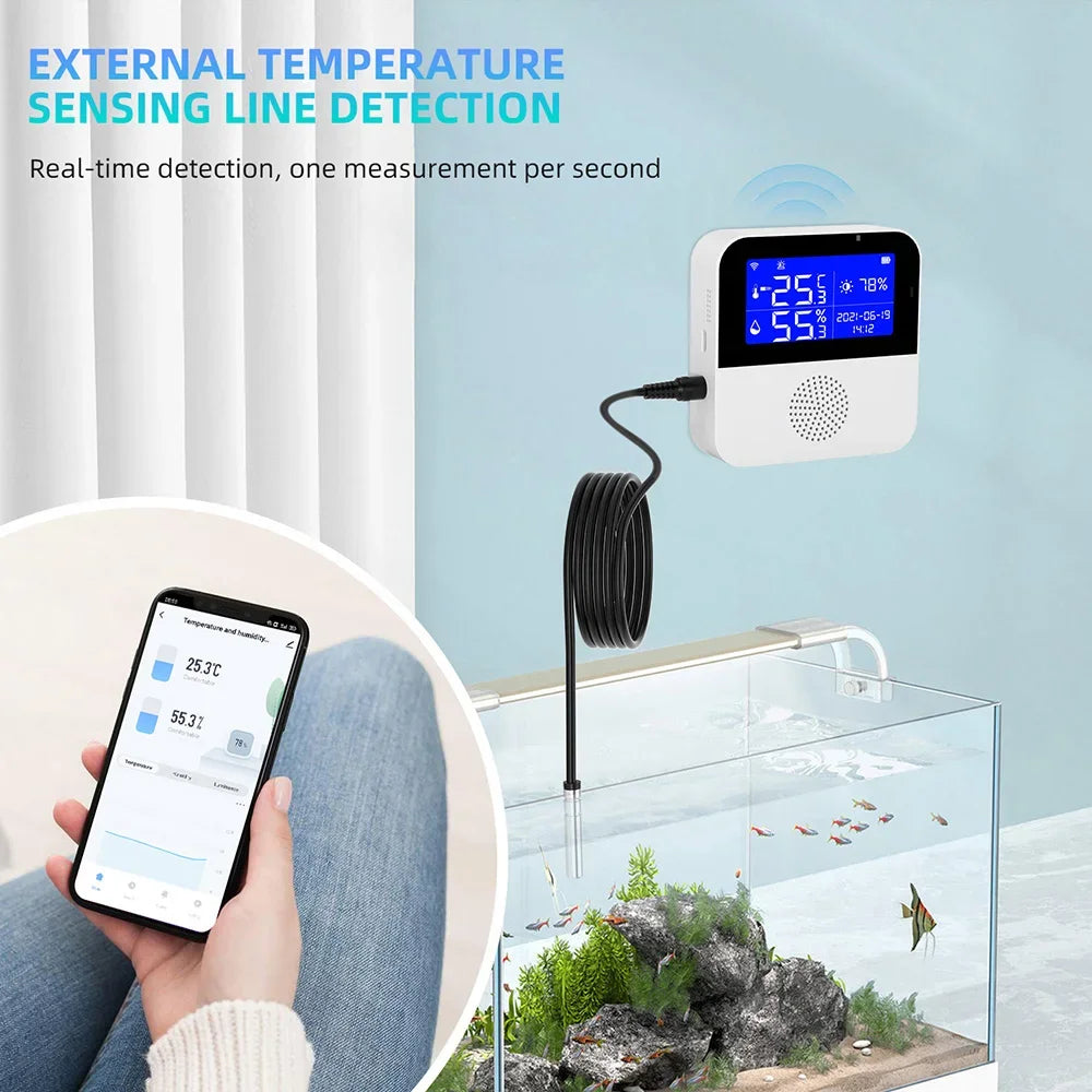 WiFi Tuya Smart Life LED Display Temperature Humidity Sensor Living Room Office Indoor Aquarium Water Temperature Detector Line