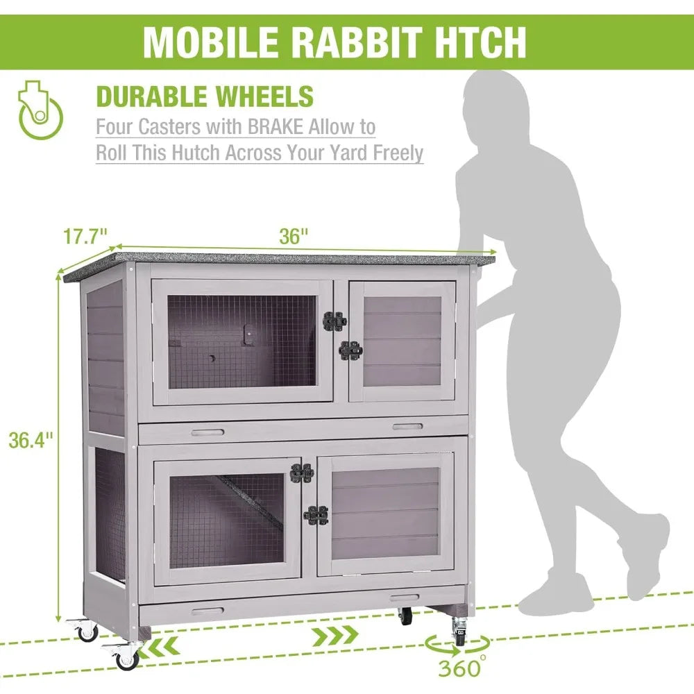 Rabbit Hutch Bunny Cage, Guinea Pig Cage Bunny Hutch Indoor, Wood Pet Cage with 4 Casters -2 Story & 2 Trays