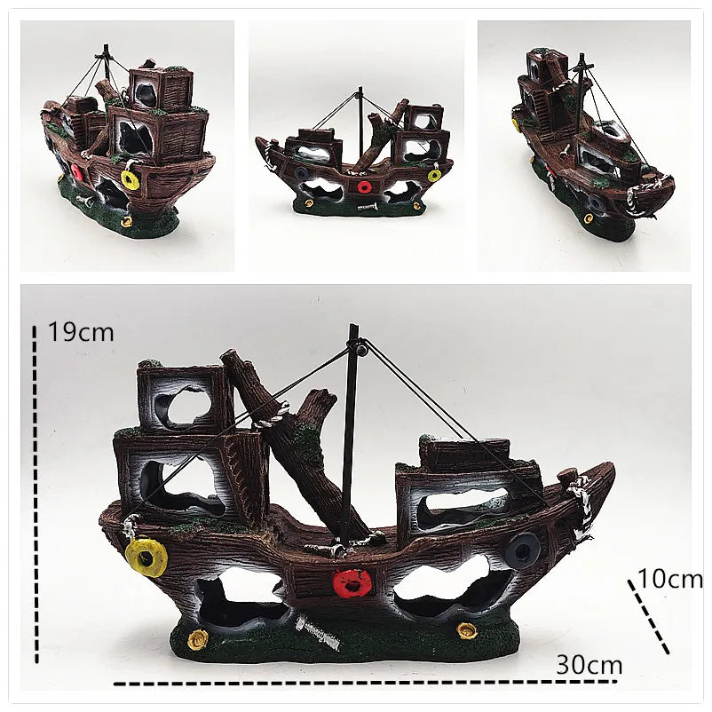 Aquarium Decor Fish Tank Resin Shipwreck Decoration Pirate Treasure Ship Fishing Net Ornament Accessories Statue For Fishes Hide