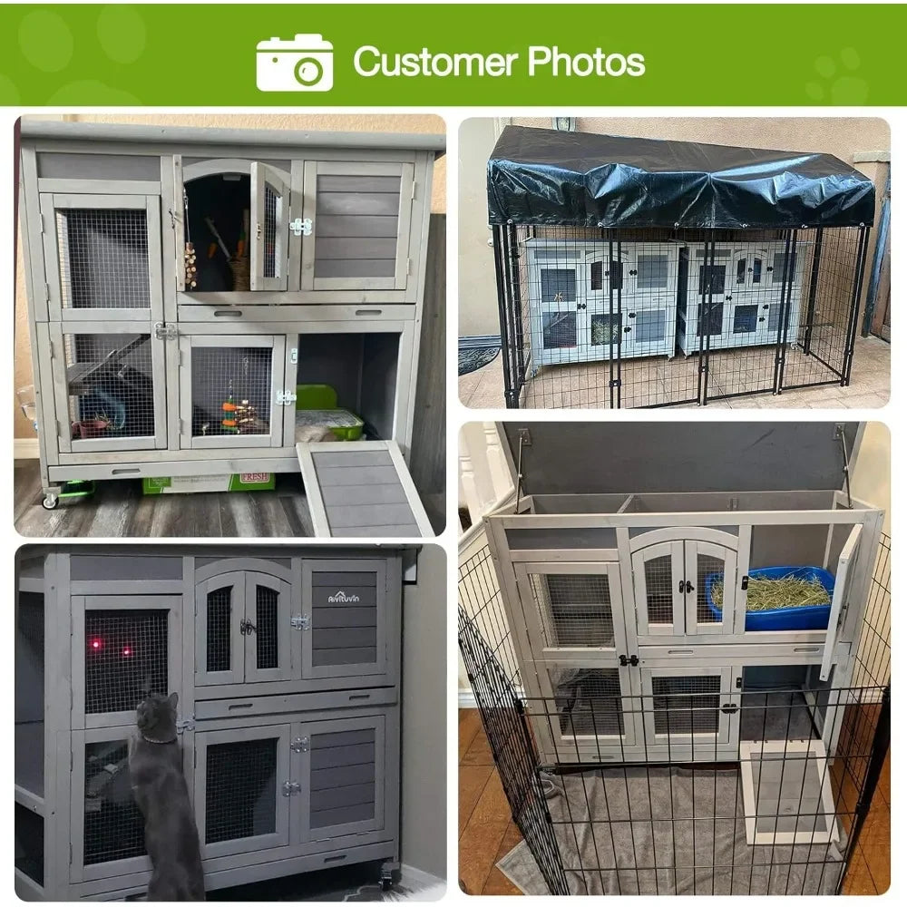 Rabbit Hutch Indoor Outdoor Bunny House Bunny Cage on Wheels with Plastic Tray-47inch
