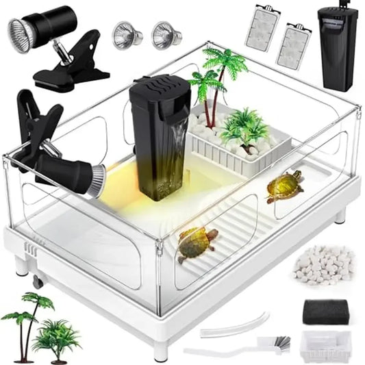 Acrylic Turtle Tank Starter Kit Tank Light Filter Basking Platform Small Tank Kit with Bottom Drainage Multi-Function
