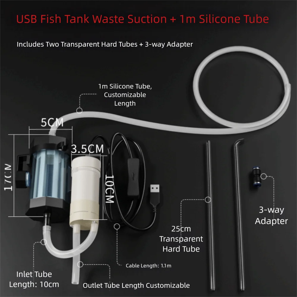 Portable 280GPH Aquarium Water Changer USB Powered Low Noise Aquarium Pump Fish Tank Cleaning For Aquarium