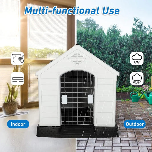 Dog Kennel Outdoor Waterproof Rainproof Pet House Crate with Door Indoor Plastic Puppy Cage, Medium
