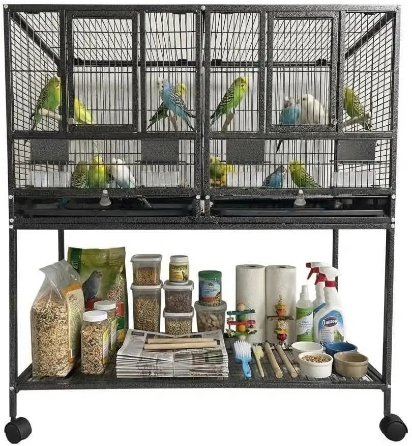 Breeding Flight Bird Cage with Detachable Rolling Stand Breeder Cage with Perches, Food Boxes, Slide-Out Tray and Storage Shelf