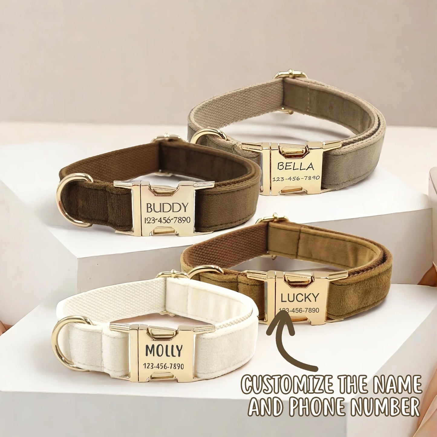 1pc Personalized Dog Collar Velvet, Engraving Custom Name Phone Number ID Tag, Soft Comfy Adjustable Collars For Small Medium Large Dogs